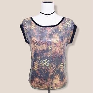 Caramelo Sequined Blouse Black & Gold Animal Print Short Sleeve Top